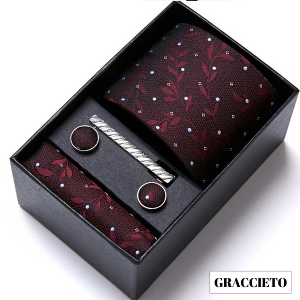 Gravata de Seda Glittergrip com Lenço, Prendedor e Par de Abotoaduras